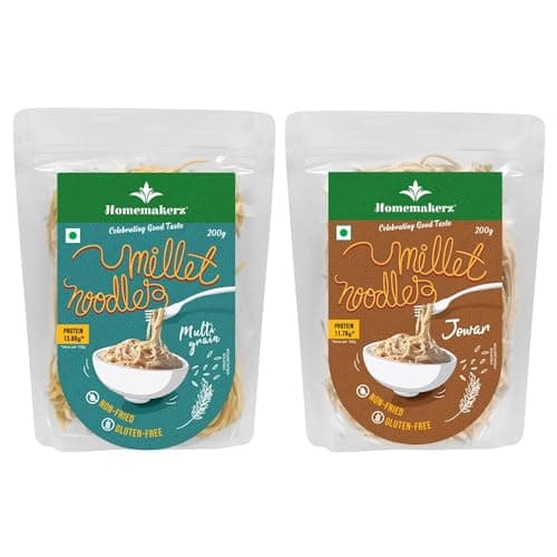 Homemakerz Multigrain & Jowar Millet Noodles, Natural, Preservative, Gluten & Fat Free, Not Fried & No Oil, Zero Maida & Wheat, Healthy & Tasty Hakka Millet Noodles (Pack of 2, 200g Each)