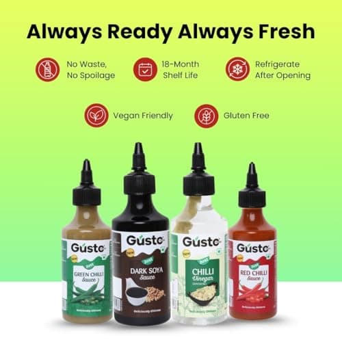 Gusto Foods Chinese Sauces Combo | Red Chilli Sauce 200gm + Green Chilli 190gm + Soya Sauce 210gm + Chilli Vinegar 170ml | Asian Sauces Combo | Ideal for Fried Rice, Noodles, Paneer & Vegetables | Ready to use — image 7