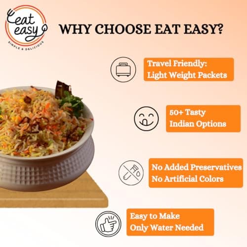 Eat Easy Ready To Eat Jain Veg Biryani- 95gm | Instant Food | Indian Meal, Travel Food | No Preservatives, No Added Artificial Colours & Flavours | Just Add Water and Cook — image 4