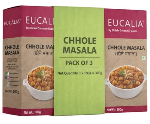EUCALIA Chhole Masala Pack of 3 (100g) | Perfect for Chickpea Dishes | Tangy, Spicy & Aromatic Authentic Spice Blend for Chole, Chana Masala & Curries | No Preservatives | Sattvik No Onion No Garlic (NONG)