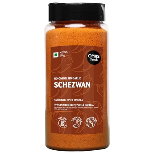 Omas Fresh Jain We-Desi Schezwan Seasoning | No Onion, No Garlic Masala Best for Making Noodles, Pasta, Fried Rice, Nachos (250g, Schezwan)