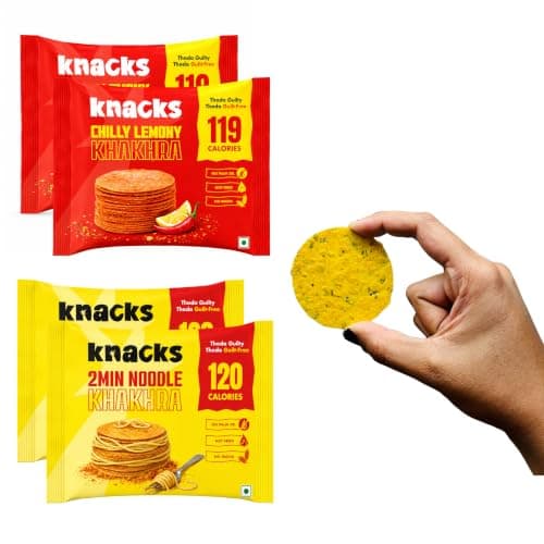 Knacks Masala Khakhra Pack | 2Min Noodle + Chilli Lemon Coin Khakhra, 6 x 30g | 119-120 Calories Per Pack | Healthy Snack Gift Box | No Palm Oil, No Maida, Not Fried | High Protein
