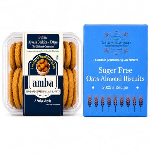 Amba Handmade Premium Biscuit Combo | Buttery Ajwain Cookies 300g & Sugar Free Oats Almond Biscuits 200g | Crunchy Tea Time Snacks | Healthy Jain Cookies | No Palm Oil | Perfect with Tea & Coffee