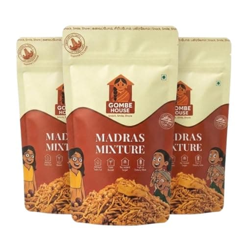 Gombe House Madras Mixture 120g Each (Pack of 3, 360g Total) Authentic South Indian Namkeen Crispy Crunchy Tea Time Snack No Palm Oil or Preservatives Vegan Homemade Style Savory