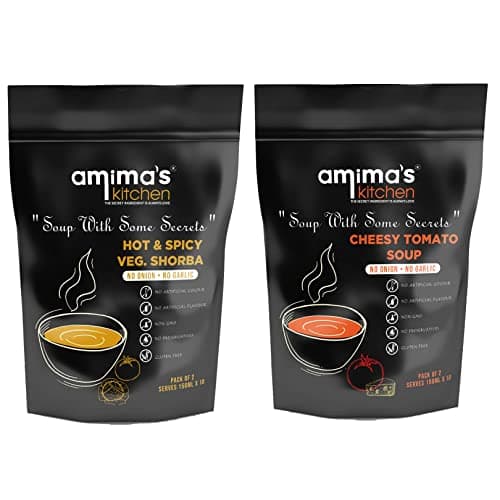 Amima's Kitchen Combo Of Hot & Spicy Veg. Shorba + Cheesy Tomato Jain Soup (No Onion No Garlic) - 100 Grams (Pack of 2) | Instant Soup Mix Powder | Ready To Cook | No Artificial Flavour & Colour | Gluten Free | Non GMO | Healthy Soup