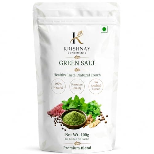 KRISHNAY Condiments Natural Green Salt Seasoning 100g | Herbal Mineral Salt Blend with Mint, Coriander & Spices | No Onion No Garlic Flavoured Salt Mix | Natural Masala Salt for Chaat, Salad, Fruits & Buttermilk