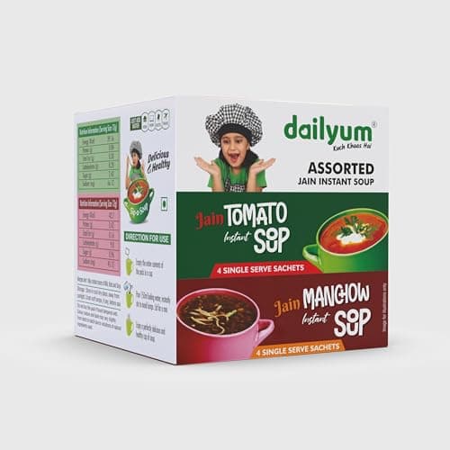Dailyum Jain Instant Assorted Soup|Tomato and Manchow Soup| 8 Single Serve Sachets,4 Each | Just Boil-Stir-Sip | 12g Each Sip-A-Soup| Natural | No MSG | Pack of 2 Box — image 4