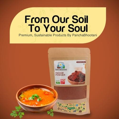 Panchabhootani Rasam Powder 100g | South Indian Authentic Flavour, Easy Digestion, Farm Fresh, Vegan Friendly, No Garlic, No Onion, 3 varieties of roasted dry red chilles, Rich Aroma, Mouth Watering (Small, 100.00, gram) — image 7