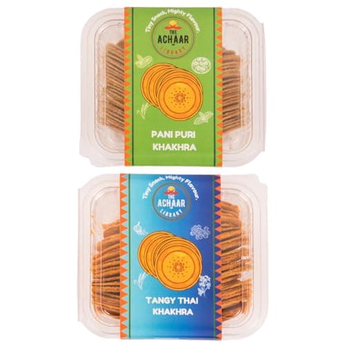 Thai & Pani Puri Mini Khakhra Combo Pack Of 2 by THE ACHAAR LIBRARY | Whole Wheat Crisps | Bite-Sized | (180 grams each, Pack of 2)