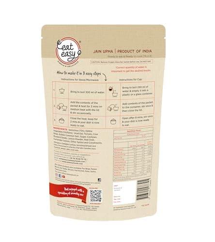 Eat Easy Ready To Eat Jain Upma, 85gm of 1 Pack, Instant Food, Indian Meal, Travel Food, No Preservatives, No Added Artificial Colours & Flavours, Just Add Water and Cook (Pack of 4) — image 2