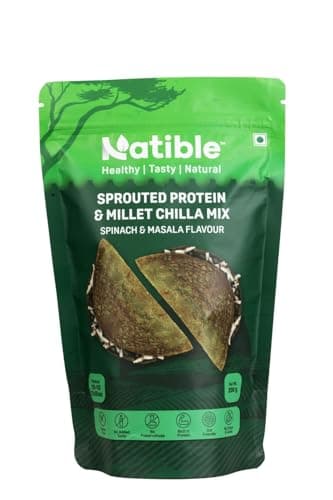Natible Sprouted Protein & Millet Chilla Dosa Mix (Spinach Masala) Instant Breakfast Meal I Gluten Free I High Protein I No Onion No Garlic I Suitable for Kids & Adults I Travel Friendly 200g
