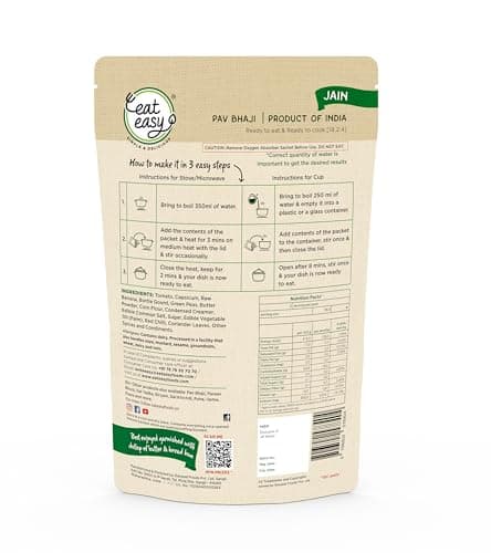 Eat Easy Ready To Eat Jain Pav Bhaji, 65gm (Pack of 2) | Just Add Water and Cook | No Onion No Garlic, Vegetarian Healthy Instant Food for Travel, Trekking, Campign | No Preservatives | No Added Artificial Colours & Flavours — image 2