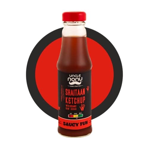 Uncle Nonu Healthy Tomato Ketchup -Shaitaan-Spicy | No Processed Sugar (uses Organic Raw Sugar) | 100% Chemical Free | No Preservatives | No MSG | All Natural Ingredients | 200gm