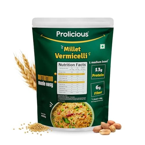 Prolicious Millet Vermicelli | Upgrade Your Breakfast | 13g Protein + 7g Fibre | Little Millet, Durum Wheat & Defatted Peanut Flour | No Maida, Not Fried | Ready in 3 Steps | For Upma, Kheer, Payasam & More | 400g