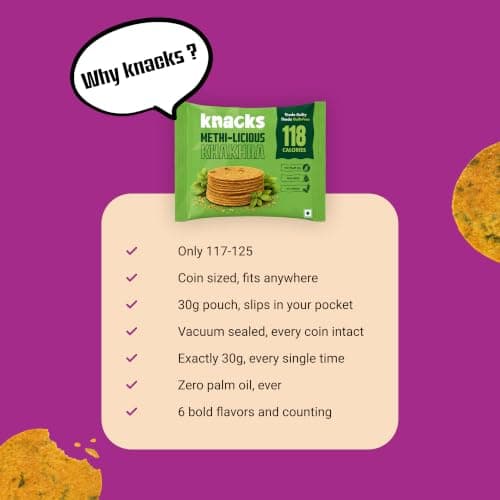 Knacks Methi-licious Khakhra Chips | Methi Masala Flavour Coin Khakhra | Pack of 6 (6 x 30g) | 118 Calories Per Pack | Jain Friendly, High Protein, Whole Wheat | No Palm Oil, No Maida, Not Fried — image 5