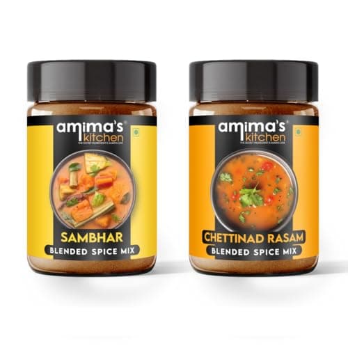 Amima's Kitchen Sambhar + Chettinad Rasam Masala Powder Combo | Jain Spice Mix (No Onion No Garlic) – 100 Grams (Pack of 2) | Blended Masala Powder | For Healthy and Delicious Cooking | Ready Masala Powder
