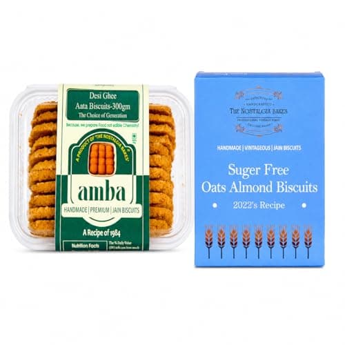 Amba Combo Pack | Desi Ghee Atta Biscuits & Sugar Free Oats Almond Biscuits | Handmade Premium Jain Cookies | Healthy Tea Time Snack | Crunchy Bakery Cookies Combo Pack