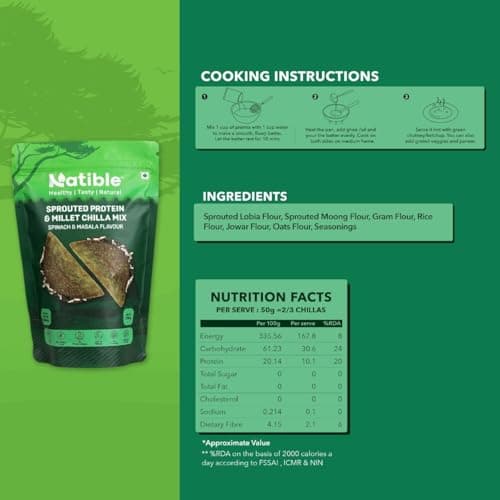 Natible Sprouted Protein & Millet Chilla Dosa Mix (Spinach Masala) Instant Breakfast Meal I Gluten Free I High Protein I No Onion No Garlic I Suitable for Kids & Adults I Travel Friendly 200g — image 2