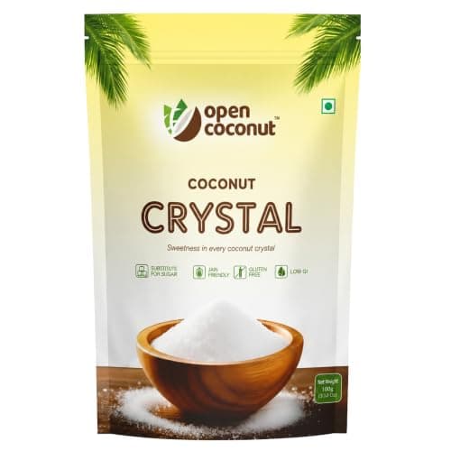 Open Coconut CRYSTAL 100g x 1 Pack - Jain Friendly | Natural Sugar Sweetener Substitute | Low Glycemic Index | Gluten, Sugar, Preservative Guilt Free | Perfect for Cake, Baking, Hot Chocolate, Milkshakes & More