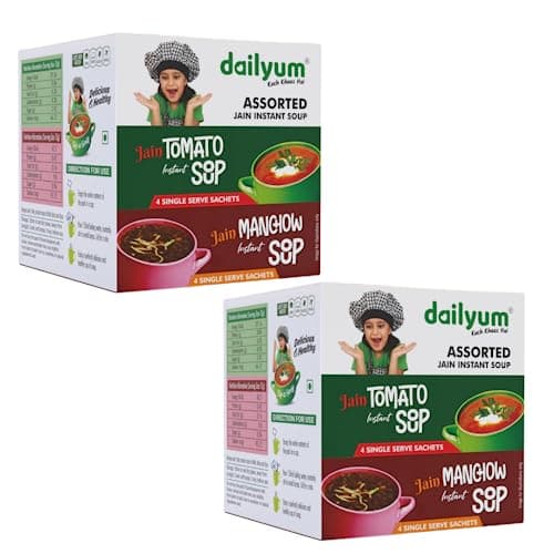 Dailyum Jain Instant Assorted Soup|Tomato and Manchow Soup| 8 Single Serve Sachets,4 Each | Just Boil-Stir-Sip | 12g Each Sip-A-Soup| Natural | No MSG | Pack of 2 Box