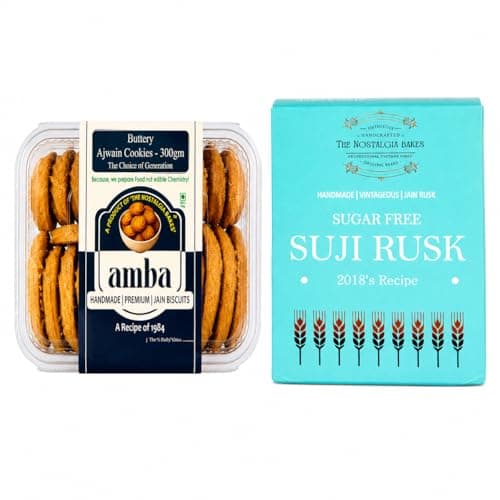 Amba Sugar Free Suji Rusk & Buttery Ajwain Cookies Combo Pack | Handmade Premium Jain Biscuits & Rusk | Crispy Tea Time Snacks | Traditional Bakery Taste | No Palm Oil | Perfect with Tea & Coffee