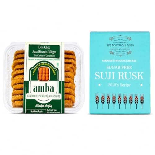 Amba Handmade Jain Biscuit & Sugar Free Suji Rusk Combo Pack | Traditional Desi Ghee Atta Biscuits & Crispy Tea-Time Toast | Premium Nostalgic Bakery Snacks