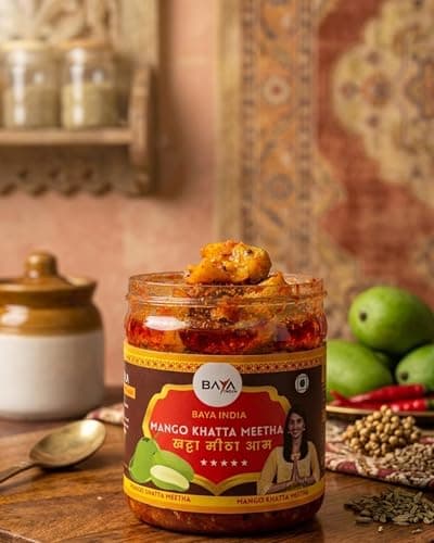 Baya India Khatta Meetha Mango Pickle, Sweet and Tangy Aam Ka Achar, Homemade Style, No Chemical and No Preservatives Pickle, No Onion No Garlic 250g Plastic Jar — image 2