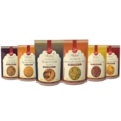 SpiceRaga | Bikaneri Bhujia, Dalmoth, Mix Namkeen, Hing Masala Peanuts, Bhajni Chi Chakli, Crunchy Sev (Pack of 6)| Made With Pure Groundnut Oil | No Palm Oil | No Trans Fat | Indian Snacks Combo | Total 920g |