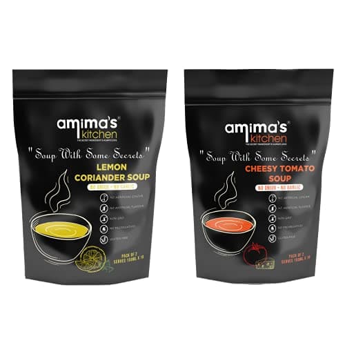 Amima's Kitchen Combo Of Lemon Coriander + Cheesy Tomato Jain Soup (No Onion No Garlic) - 100 Grams (Pack of 2) | Instant Soup Mix Powder | Ready To Cook | No Artificial Flavour & Colour | Gluten Free | Non GMO | Healthy Soup