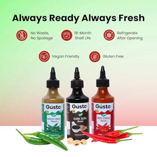 Gusto Foods Chinese Sauces Combo | Red Chilli 200gm + Green Chilli 190gm + Soya Sauce 210gm | Asian Sauces Combo | Ideal for Fried Rice, Noodles, Paneer & Vegetables | No chopping or Prep needed — image 6