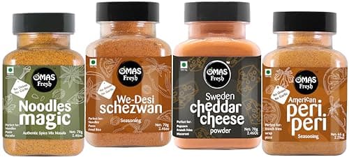 Omas Fresh No Onion No Garlic Special Masala Combo For Jain | Jain Schezwan Seasoning, Cheddar Cheese Powder, No Onion No Garlic Peri Peri & Noodles Magic Masala,4 Count