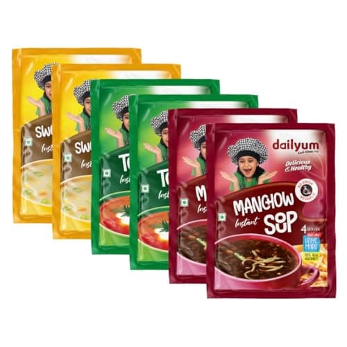 Dailyum Instant Soup Combo Of 6 | No Onion Garlic | 2 Manchow Soup | 2 Tomato Soup | 2 Sweetcorn Soup | Natural | No MSG | Jain | 50g Each