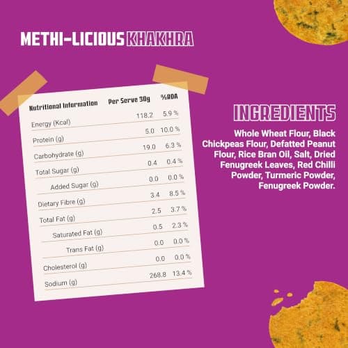 Knacks Methi-licious Khakhra Chips | Methi Masala Flavour Coin Khakhra | Pack of 6 (6 x 30g) | 118 Calories Per Pack | Jain Friendly, High Protein, Whole Wheat | No Palm Oil, No Maida, Not Fried — image 2