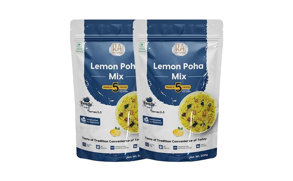 RA Desi Flavors Instant Lemon Poha Mix 2x200g – Ready to Eat Breakfast & Snack | Just Add Hot Water in 5 Minutes | Healthy Vegan Poha | No Preservatives | No Onion No Garlic | Travel Friendly Instant Food