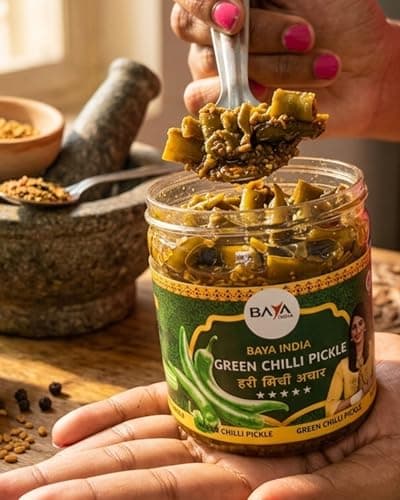 Baya India Homemade Hari Mirchi ka Achar | Authentic Green Chilli Pickle | Teekha Mast | Spicy & Tangy | Sun-Dried Chemical Free | No Vinegar No Garlic & Onion | 700g Plastic Jar — image 3