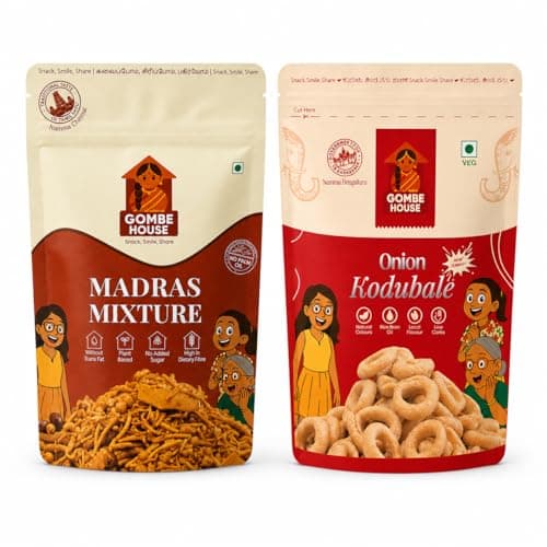 Gombe House Kodubale & Madras Mixture 120g Each (Pack of 2, 240g Total) Crispy South Indian Namkeen Snack Combo Traditional Tea Time Snack Vegan No Preservatives Homemade Taste Ready to Eat