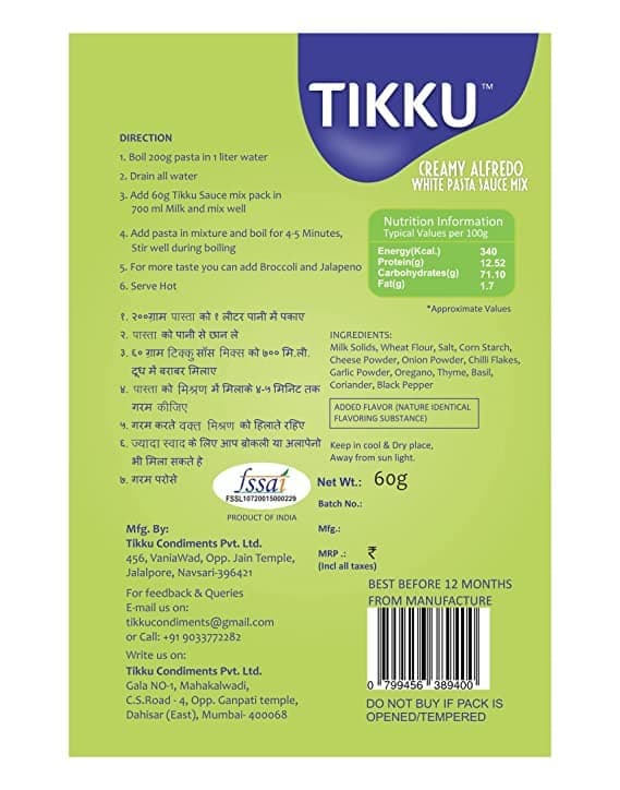 Tikku Creamy Alfredo White Pasta Sauce Mix - 60g Pouch (Pack Of 6) — image 2