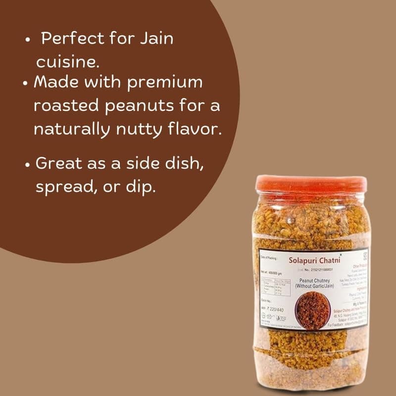 Solapuri Peanut Chutney Without Garlic Jain Style 800g Authentic Maharashtrian Dry Peanut Chutney Spicy Groundnut Chutney Powder for Bhakri Vada Pav Dosa Snacks Traditional Solapur Taste — image 7