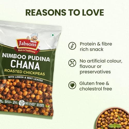 Jabsons Roasted Chana Nimboo Pudina, 150gm | 100% roasted No Onion No Garlic | Roasted Chana Namkeen Snacks Gluten-Free | Crunchy Protein Snacks | Pudina Lemon Flavour chana Ready to eat — image 6