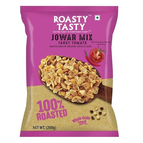 Roasty Tasty Jowar Mix Tangy Tomato 200g | Healthy Snack | Crunchy Millet Snack made with Jowar Flakes and Seeds Mix | Low Calorie Snacks | Roasted Namkeen | No Cholesterol, No Transfat Diet Mixture in Tangy Tomato Flavour | Palm Oil Free Namkeen