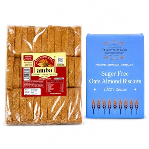 Amba Handmade Premium Jain Suji Rusk & Sugar Free Oats Almond Biscuits Combo Pack | Crispy Tea Time Snacks | Traditional Bakery Style | Healthy Everyday Snacking | 100% Vegetarian