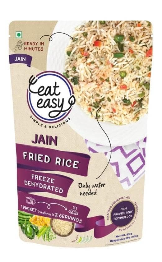 Eat Easy Ready to Eat Jain Fried Rice– 95g, No Garlic No Onion Travel Food | Just Add Hot Water & Cook, After Preparation 275g, Freeze Dehydrated Instant Fried Rice for Travel Camping | No Preservatives