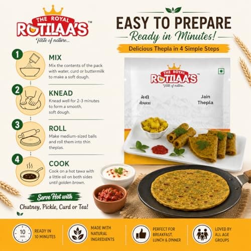 THE ROYAL ROTILAA'S Jain Thepla 100g (Pack of 3) | Ready-to-Eat Gujarati Snack | Vacuum Packed | Soft & Fresh Handmade Thepla | Includes Pickle | Pure Veg Travel & Tiffin Food | 4 Pieces per Pack — image 5