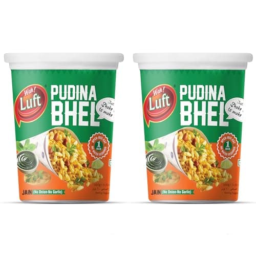Wah Luft Instant Pudina Bhel Puri Cup (Jain), 100 g - Pack of 2, Ready to Eat Snacks, Namkeen, 100% Vegetarian, Crispy and Crunchy Bhelpuri Mix- Travel-Friendly Indian Chaat Combo, Chutney Inside