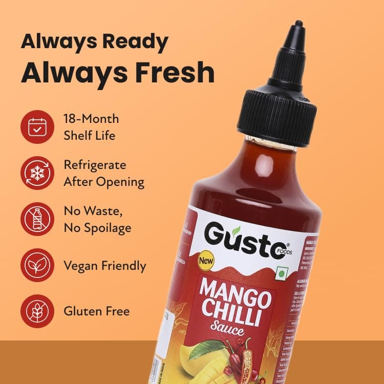 Gusto Foods Mango Sweet Chilli Sauce 720gm (Pack of 3) | Sweet and Sour Mango Sauce | Aam Chutney | Khatta Meetha Pickled | Blend of Ripe Mangoes & Red Chillies | Salad Dressing, Dipping Sauce & Seasoning — image 6