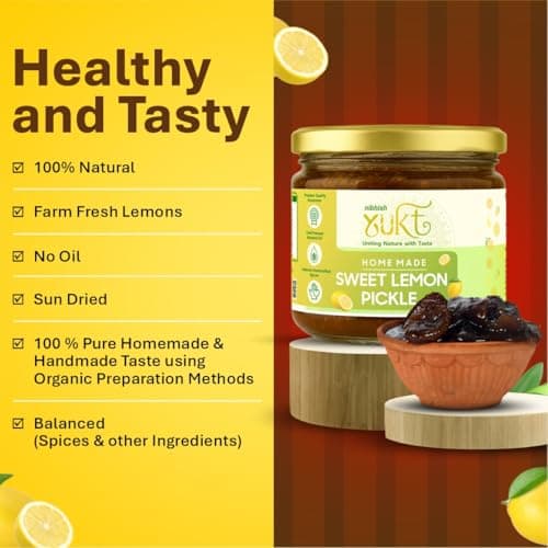 NIBHISH Yukt pickle Khatta Meetha Sweet Lemon Pickle | Sweet & Tangy Homemade Delight | Oil-Free, No Onion or Garlic | Traditional Chunda-Style Nimbu Ka Achaar with Grandma's Authentic Taste | Handmade Using Organic Preparation Methods | 100% Natural & Pure | Glass Jar — image 8