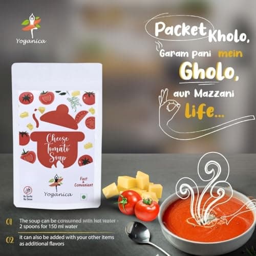 Yoganica Cheese Tomato Soup Premix (150g) | Instant Creamy Tomato Soup Mix | No Onion No Garlic | Pure Veg | Makes 15 Servings | Just Add Hot Water — image 3