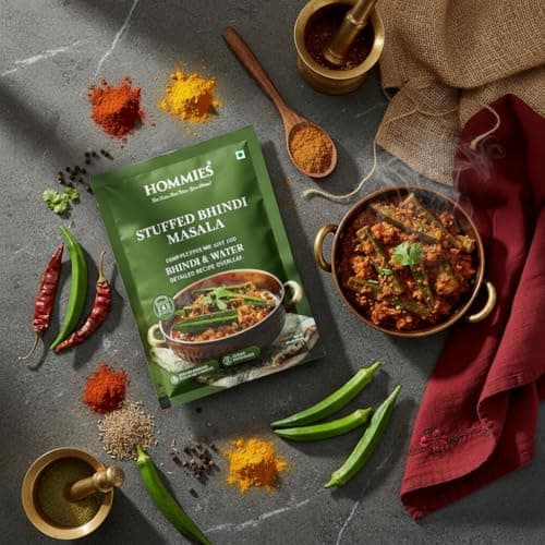 Hommies Curry Spice Combo | Kashmiri Dum Aloo, Vegetable Kadai, Stuffed Baingan Masala & Stuffed Bhindi Masala | Ready to Cook | Just Add Veggies & Basics | Serves 4 Each | No Preservatives | Vegetarian| Pack of 4 (50g Each, Total 200g) (Combo of 4-4) — image 6