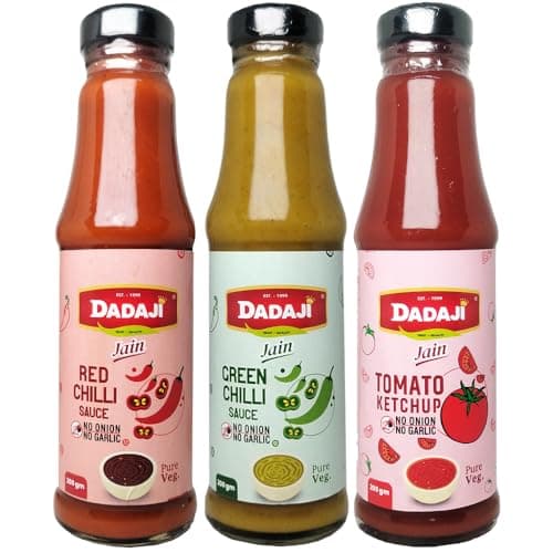 Dadaji Trio JAIN Sauce Combo | Jain Green Chilli, Jain Tomato Ketchup, Jain Red Chilli Sauce | No Onion & Garlic | Bold Asian Flavours | Spicy, Tangy & Tasty | Clear Ingredients | No MSG or Trans Fats | 200gm each