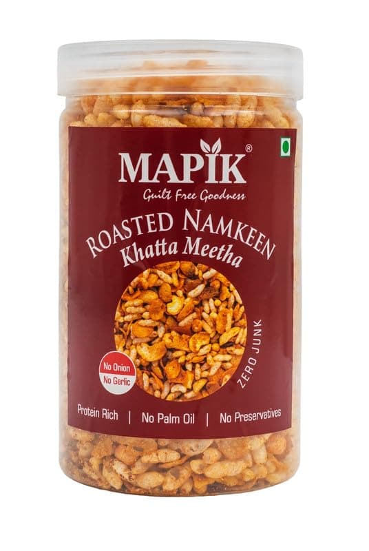 MAPIK Roasted Namkeen Khatta Meetha | No Onion No Garlic | Roasted-Not Fried | Protein Rich | No Palm Oil | No Preservatives | Healthy Tea Time Snack 540 g Pack of 4